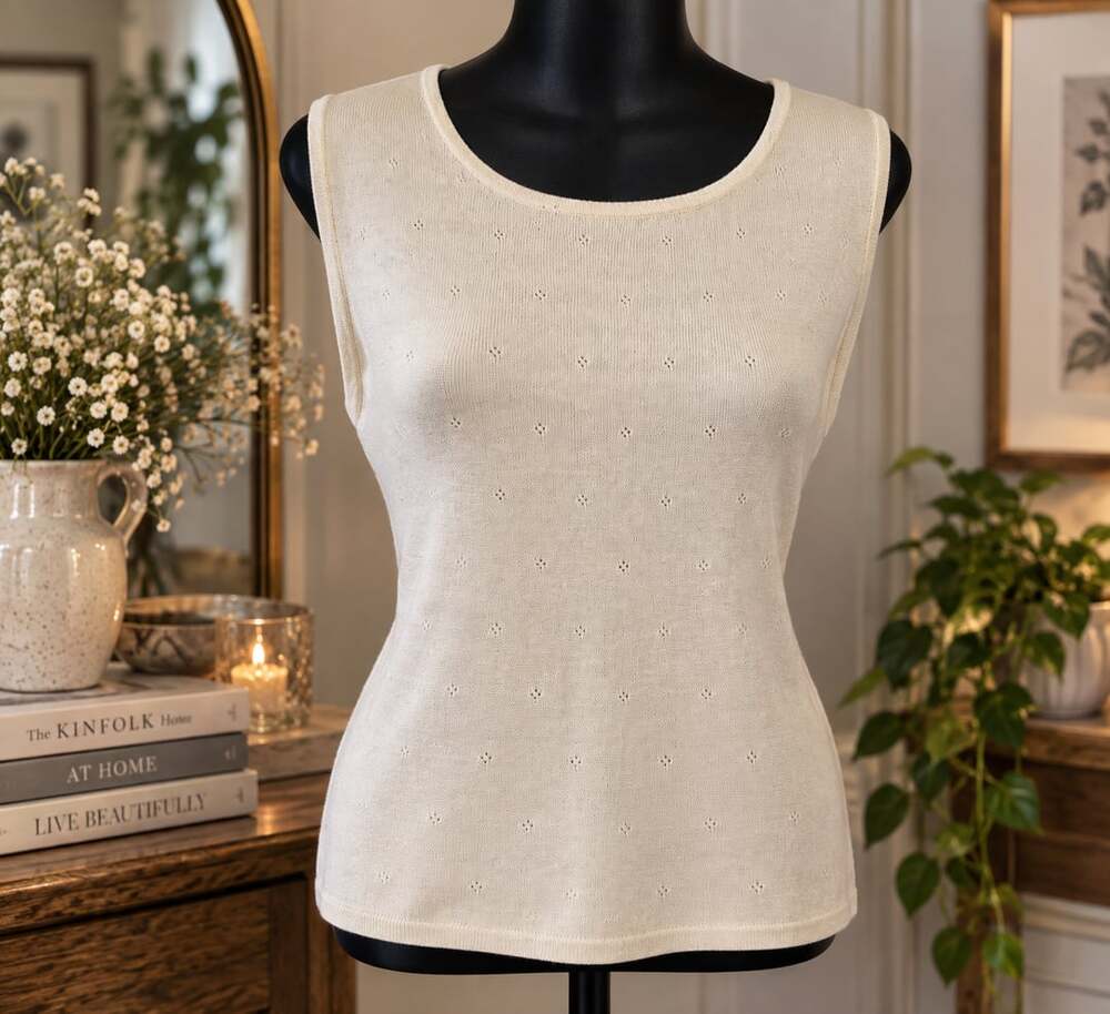 LRL Ralph Lauren 60% Silk Blend Tank Top Sz L Cream Tan Loose Fit Scoop Neck Vtg